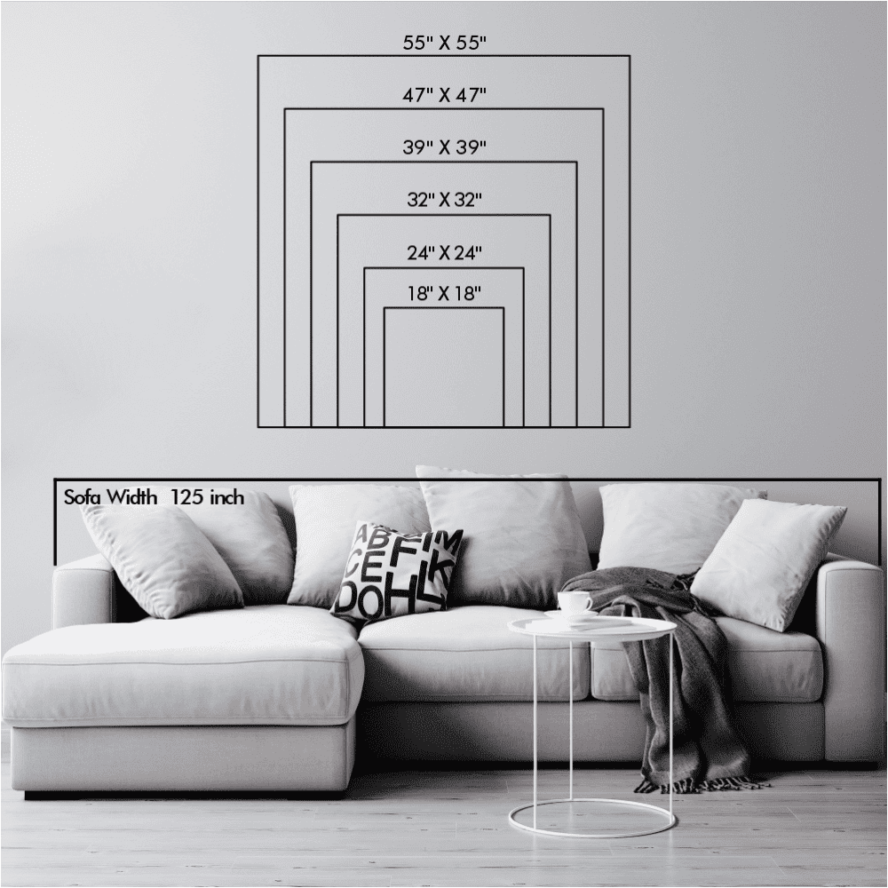 Size chart displaying six square frame dimensions (18"x18", 24"x24", 32"x32", 39"x39", 47"x47", and 55"x55") arranged in a stacked layout with a reference sofa width of 125 inches below.