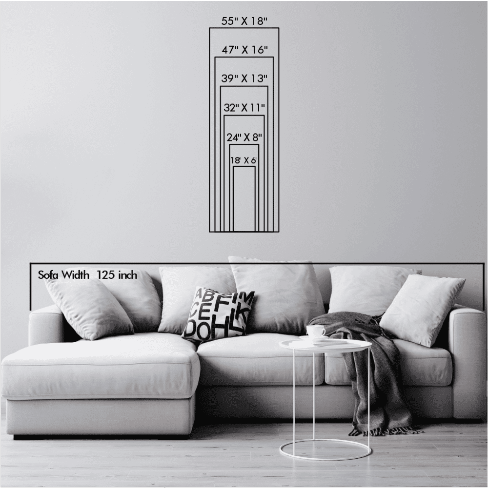 Size chart displaying different dimensions of vertical artwork, with a sofa width of 125 inches for scale.