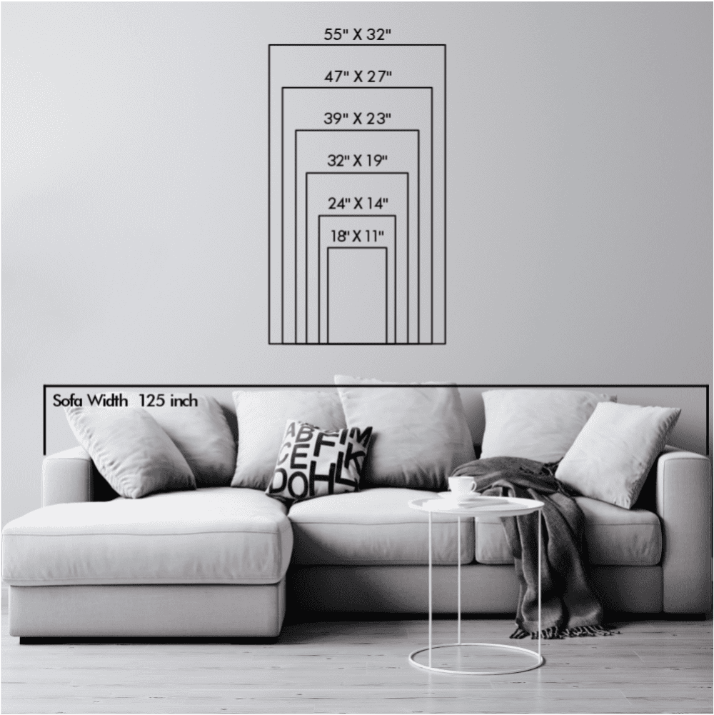Size chart for wall art displaying six rectangular dimensions: 18" x 11", 24" x 14", 32" x 19", 39" x 23", 47" x 27", and 55" x 32". A white sofa with a width of 125 inches is shown below the chart for scale reference.