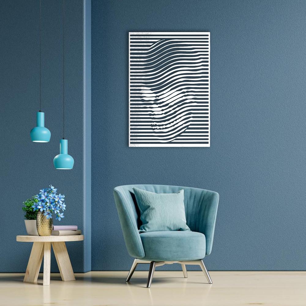 White skull-themed wall art with abstract wavy lines displayed on a blue wall, above a light blue armchair. Decor includes a side table with blue flowers and pendant lights.