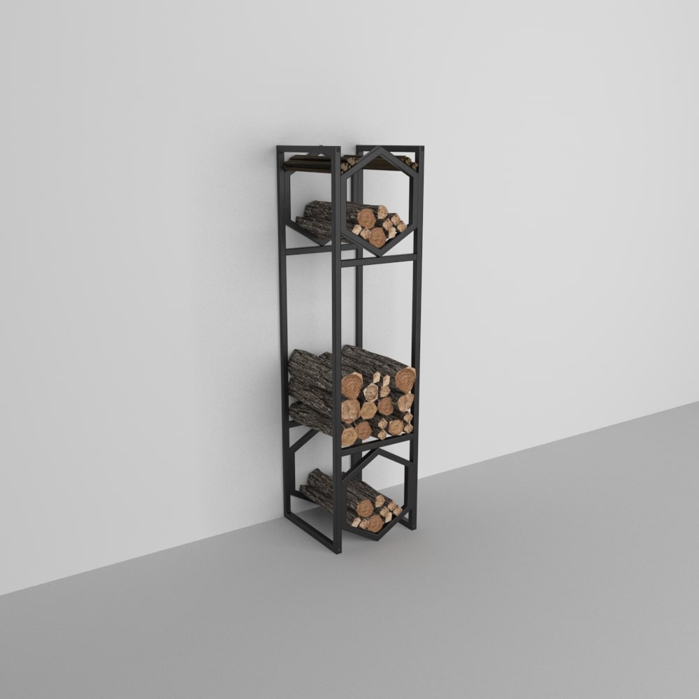 A black modern hexagonal metal log storage rack displayed in a minimalist room with gray flooring and white walls, showcasing its elegant design.