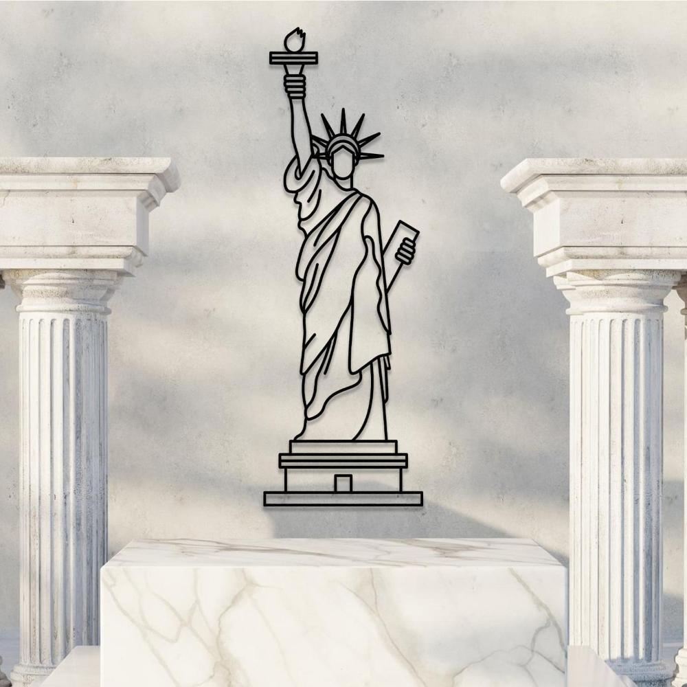 A stunning metal wall art piece of the Statue of Liberty, displayed between two classic marble columns in a regal setting. The design seamlessly blends modern art with historical inspiration.