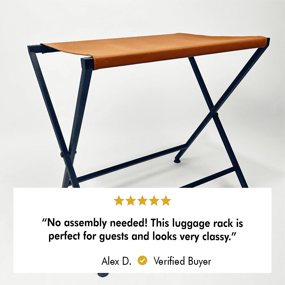 A foldable suitcase rack with an orange leather top and black metal frame, featuring a customer review with a 5-star rating highlighting its classy and guest-friendly design