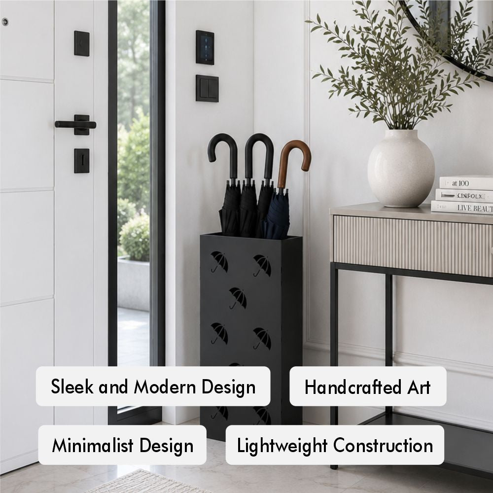 Black metal umbrella stand with repeating umbrella icon pattern - feature highlights and design details