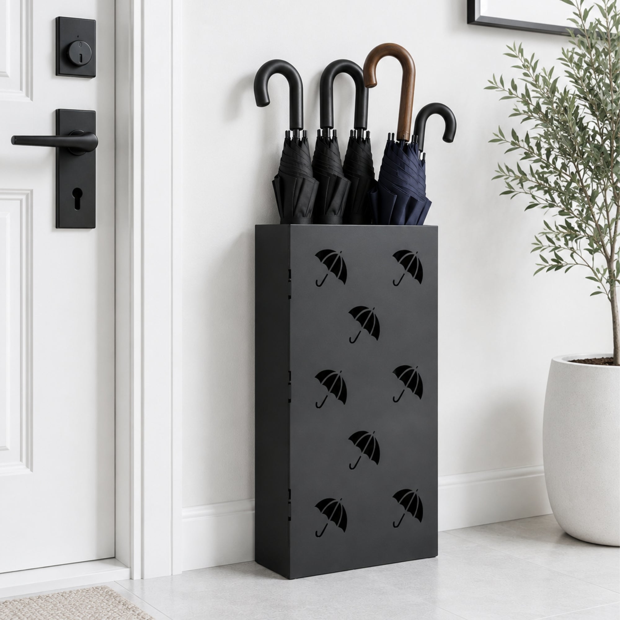 Black metal umbrella stand with multi-umbrella pattern at front door with multi-color umbrellas