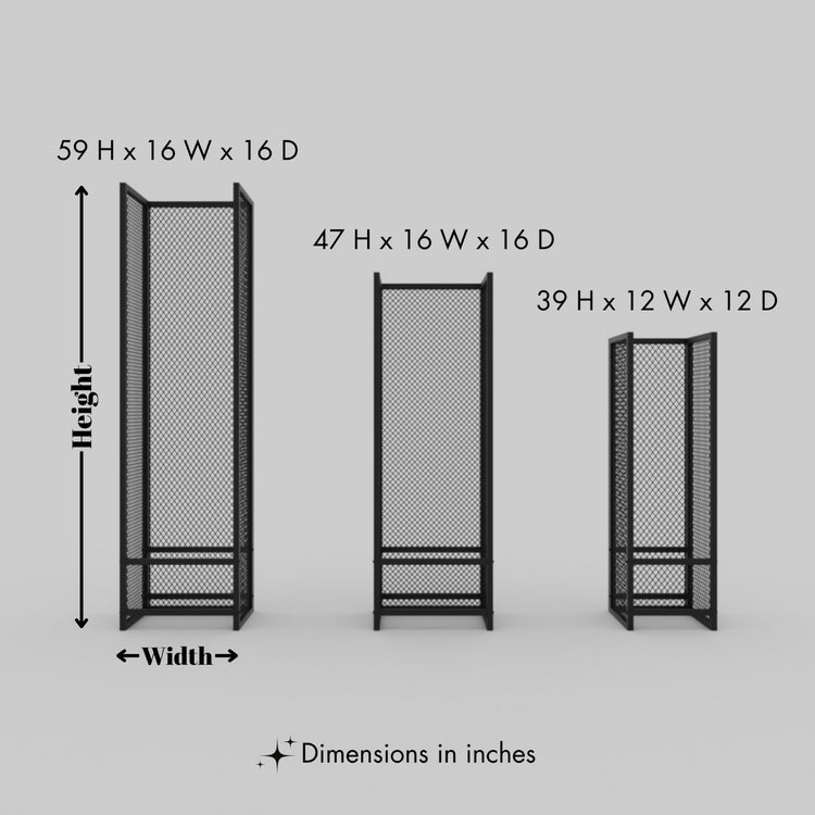 Three black mesh stands with dimensions indicated on a gray tall firewood rack for fireplace, large capacity firewood storagebackground
