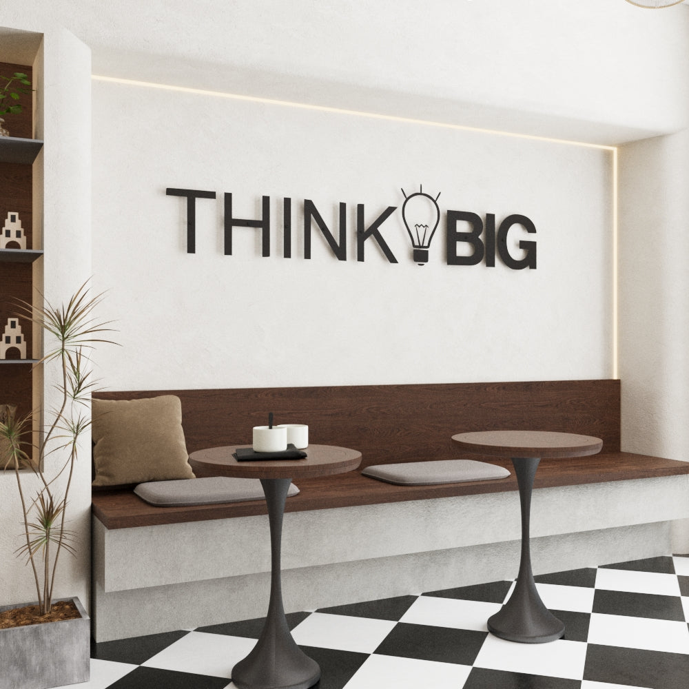 Modern interior design with 'THINK BIG' wall art and checkered floor.