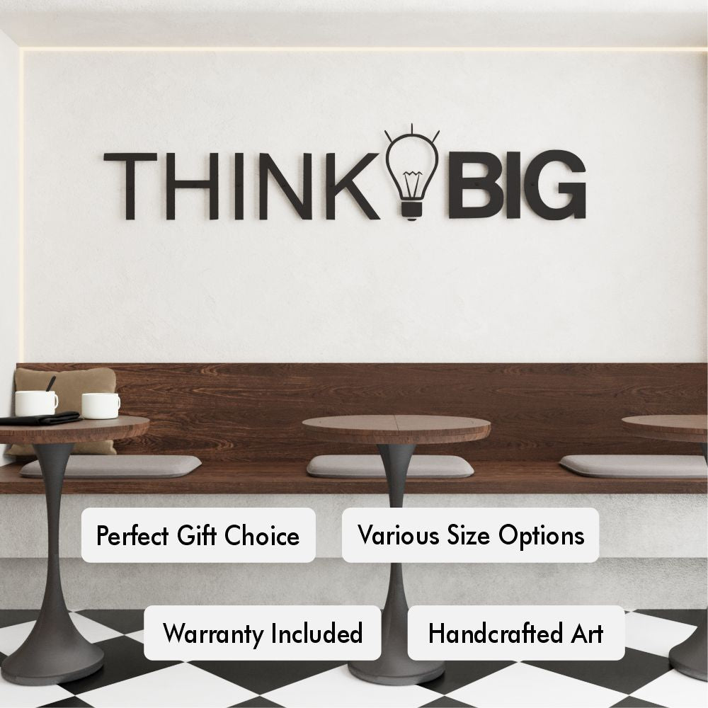 Wall art with 'THINK BIG' text and light bulb graphic in a modern interior setting.