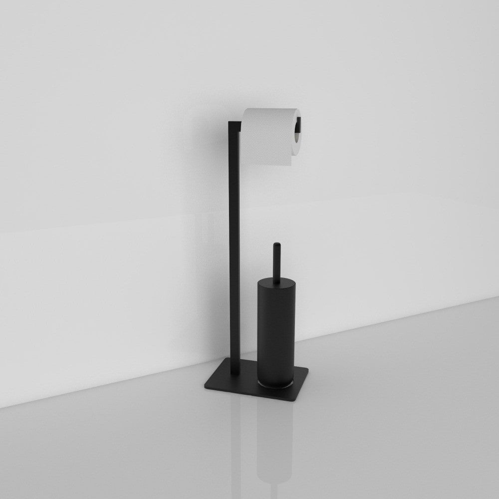 A black toilet paper and brush stand displayed in a clean and minimalistic setting against a plain white wall, emphasizing its simple design