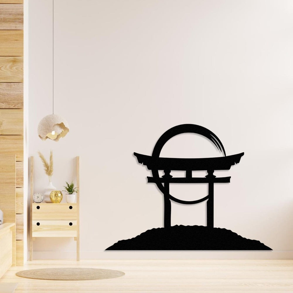 A Torii gate metal wall art in black mounted on a beige wall in an entryway, complemented by warm, minimalist decor.