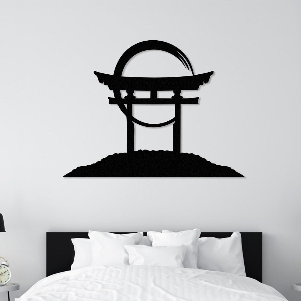 A black Torii gate metal wall art displayed above a bed with white bedding in a minimalist bedroom setup.