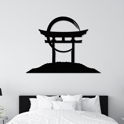 A black Torii gate metal wall art displayed above a bed with white bedding in a minimalist bedroom setup.
