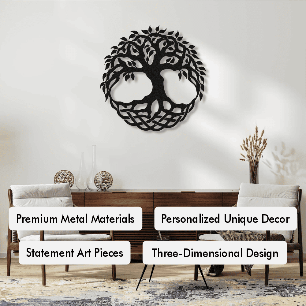 Intricately designed black metal Tree of Life wall art with three-dimensional detailing, displayed above a contemporary wooden console table, flanked by minimalist decor elements and modern chairs, creating a sophisticated ambiance.