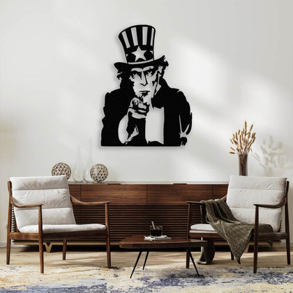 Uncle Sam black metal wall art displayed above a wooden sideboard with modern decor, surrounded by two white armchairs for a classic yet stylish look.