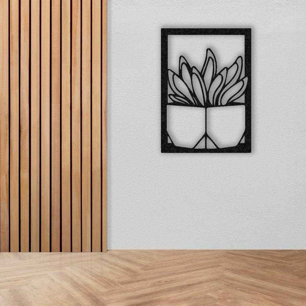 A modern hallway featuring a wooden slat wall and a black "Vase with Succulent" metal wall art on a crisp white background, combining natural and contemporary design elements.