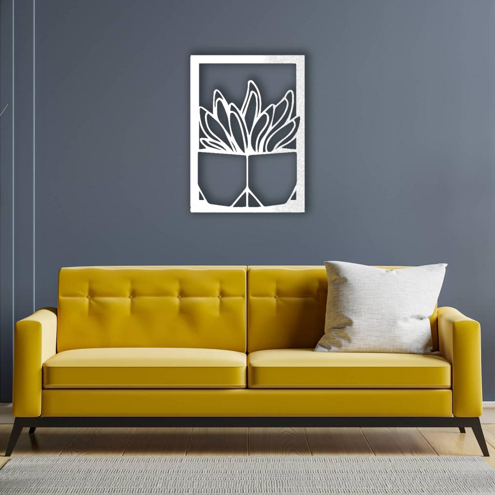 A stylish living room with a yellow tufted sofa against a gray wall, decorated with a white "Vase with Succulent" metal wall art, creating a fresh and modern ambiance.