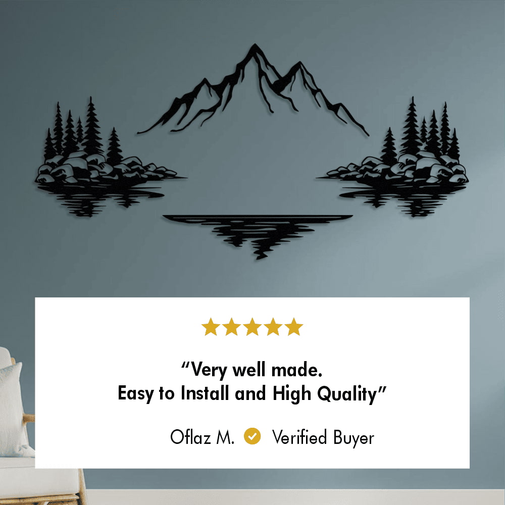Versatile three-dimensional mountain lake metal wall art with trees and reflections, featuring a five-star review from verified buyer Oflaz M. stating 'Very well made. Easy to install and high quality."