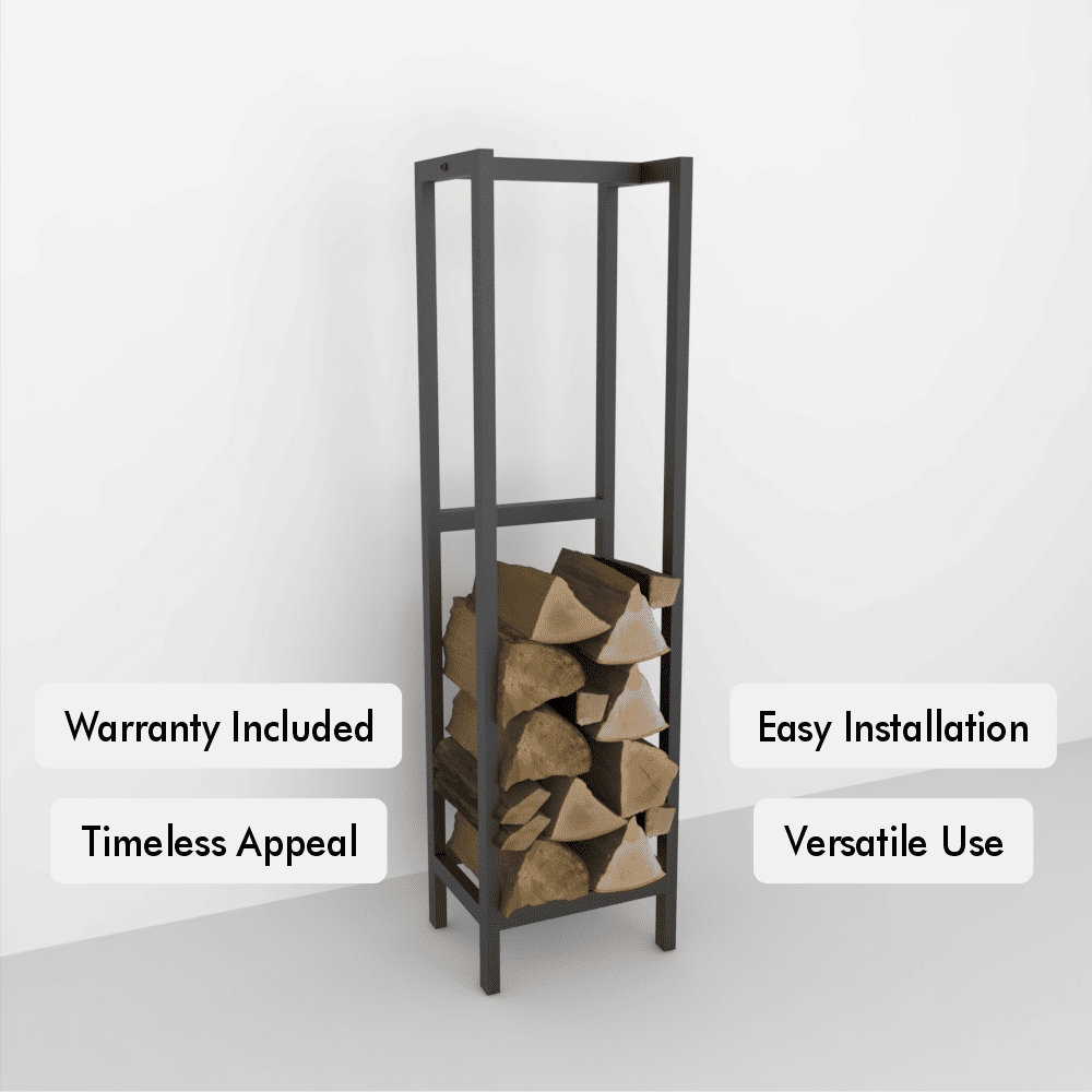 Vertical firewood storage rack with easy installation, featuring text highlights: Warranty Included, Timeless Appeal, Versatile Use, displayed in a minimalist interior setting.