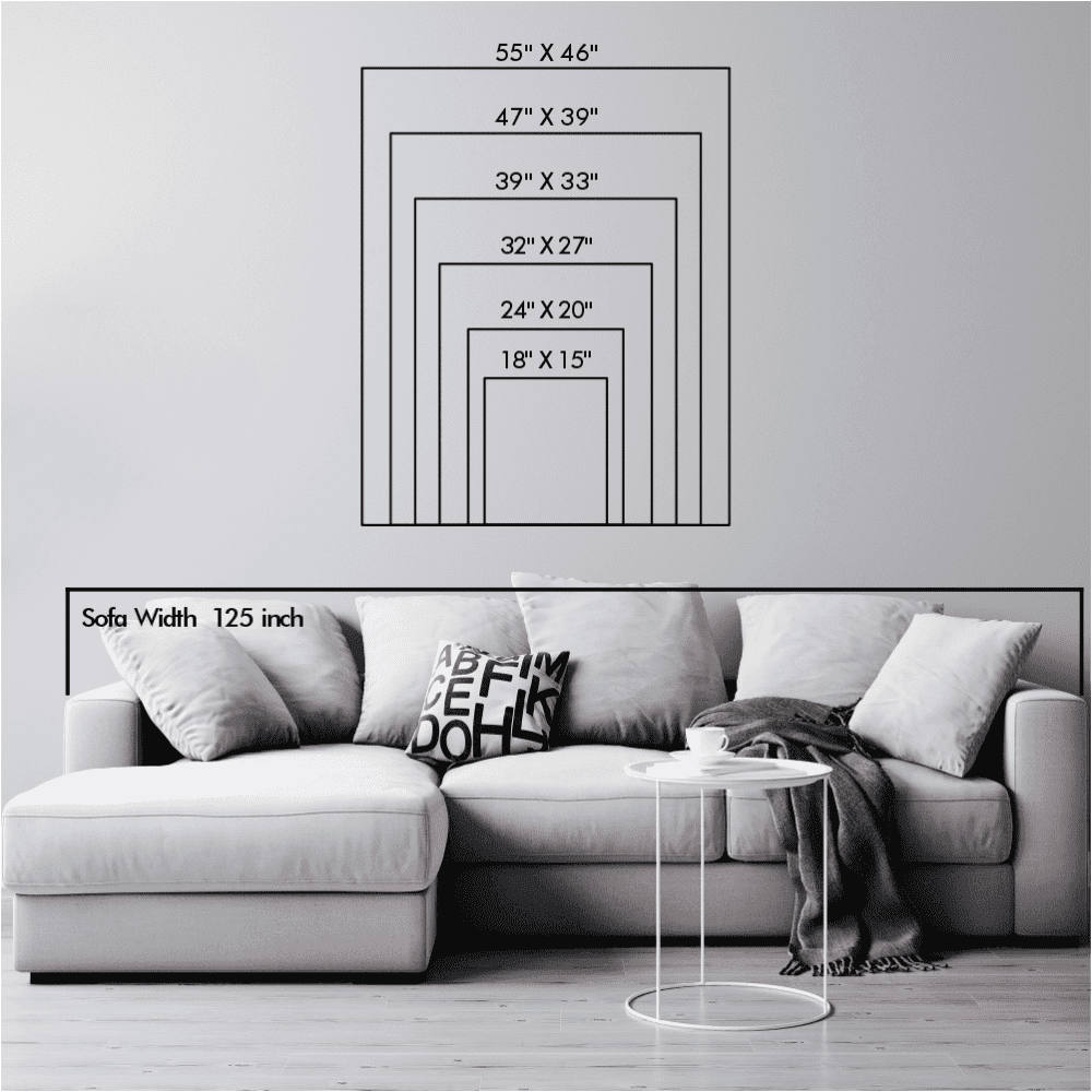 Size chart for vertical metal wall art displayed above a sofa with dimensions ranging from 18"x15" to 55"x46". The sofa width is noted as 125 inches to provide a scale reference.