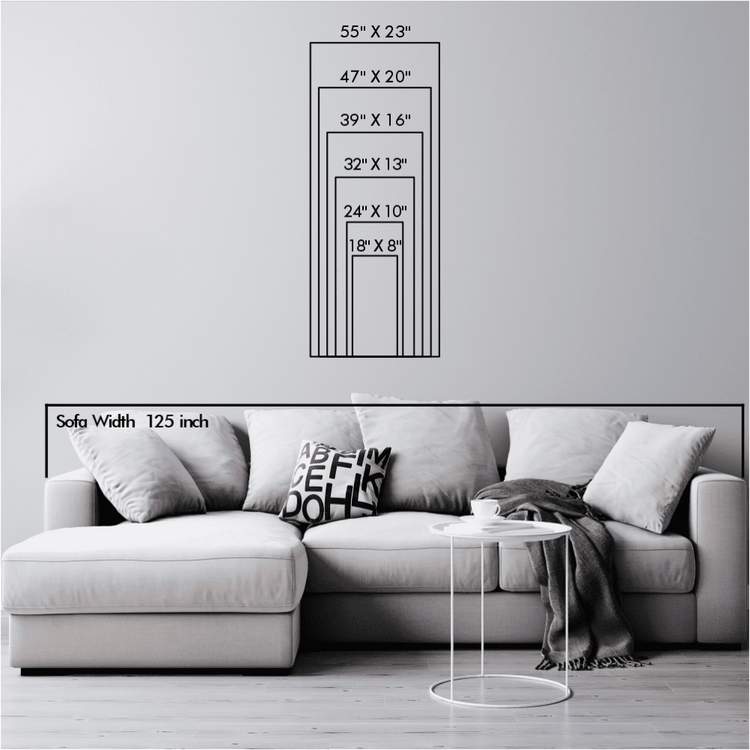 Size chart displaying vertical dimensions ranging from 55"x23" to 18"x8" over a wall with a sofa width of 125 inches for scale reference.