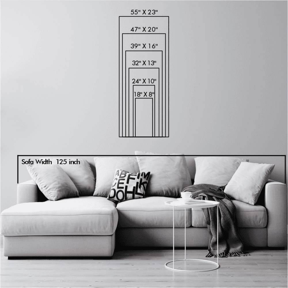 Size chart displaying vertical dimensions ranging from 55"x23" to 18"x8" over a wall with a sofa width of 125 inches for scale reference.