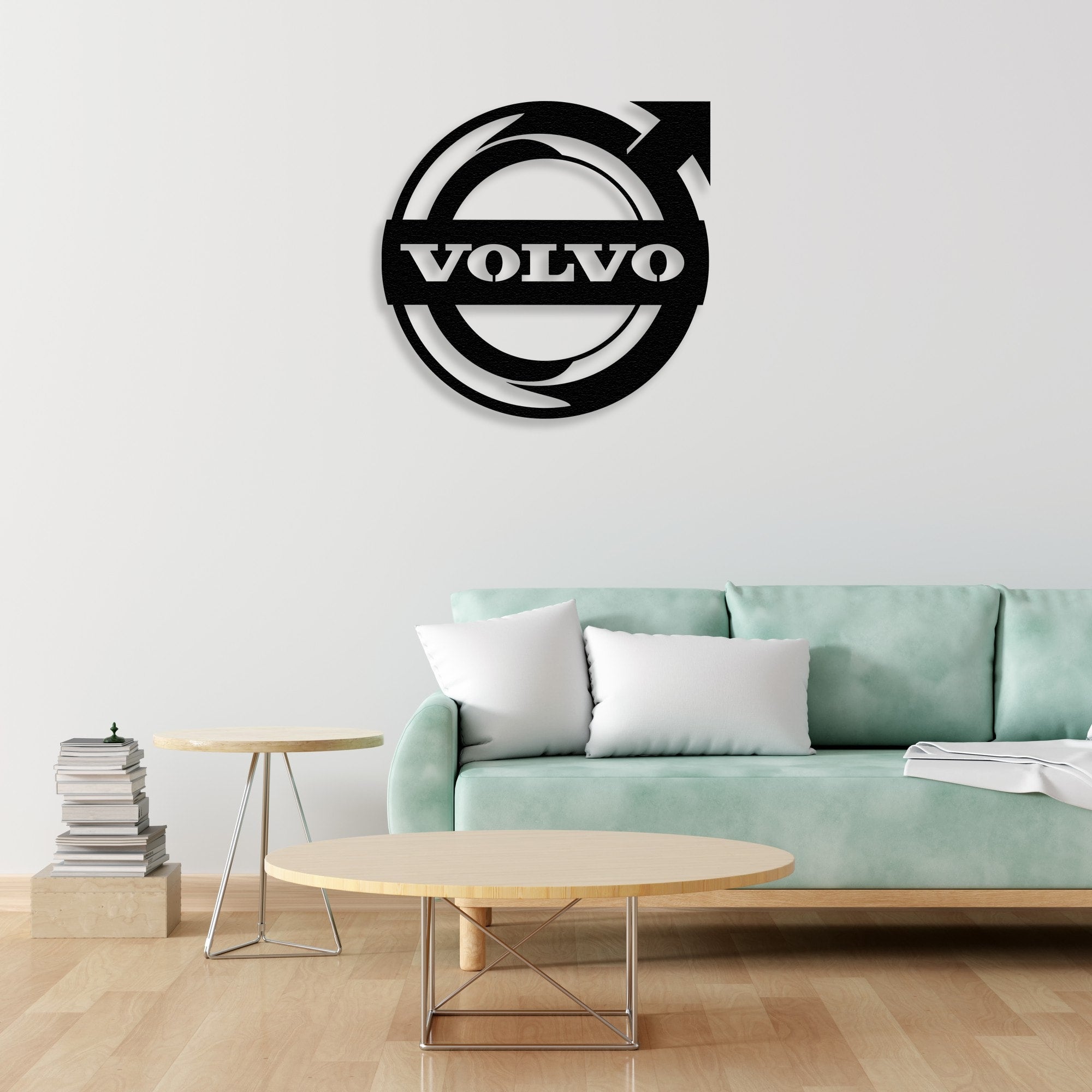 volvo metal wall art decor with sofa