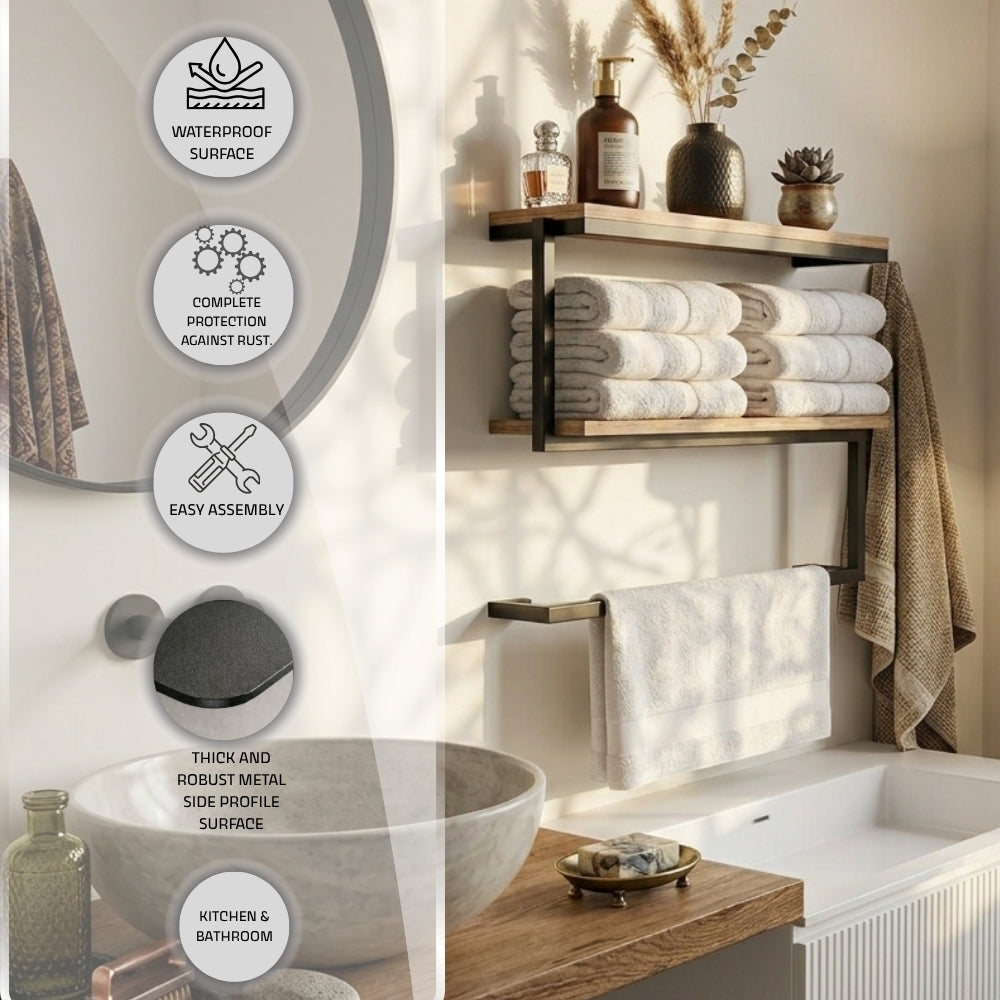 Wall mounted 2-tier towel shelf with towel bar feature image with waterproof surface, rust protection, easy assembly, thick metal side profile, and kitchen and bathroom use callouts.