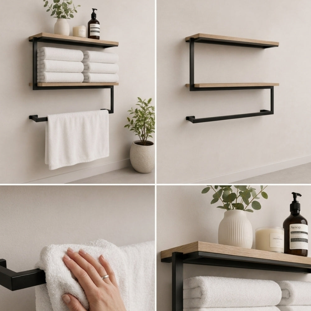 Detail collage for black wall mounted 2-tier towel shelf with towel bar showing towel storage, shelf detail, and towel bar use.