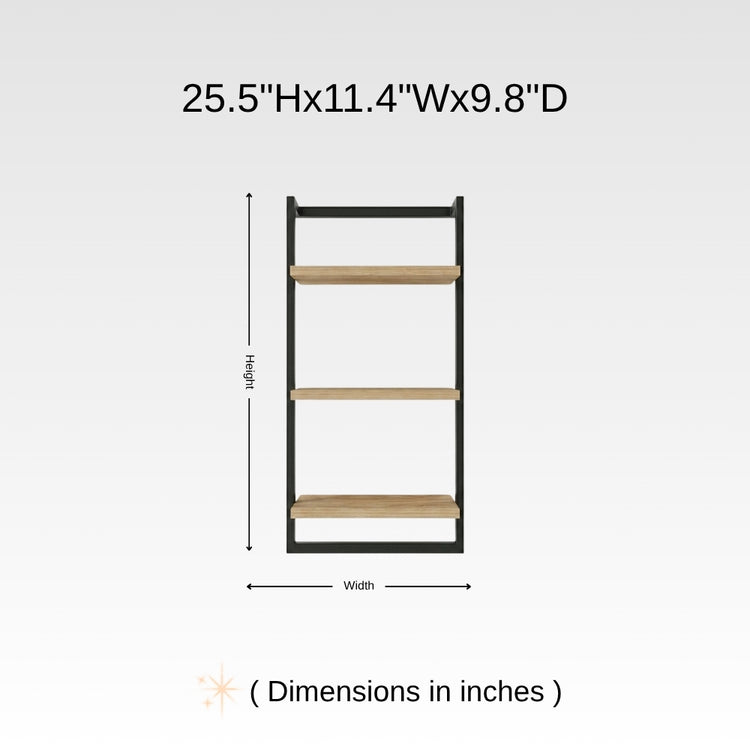 Dimension chart for wall mounted 3-tier bathroom shelf with towel bar showing 25.5 inch height, 11.4 inch width, and 9.8 inch depth.
