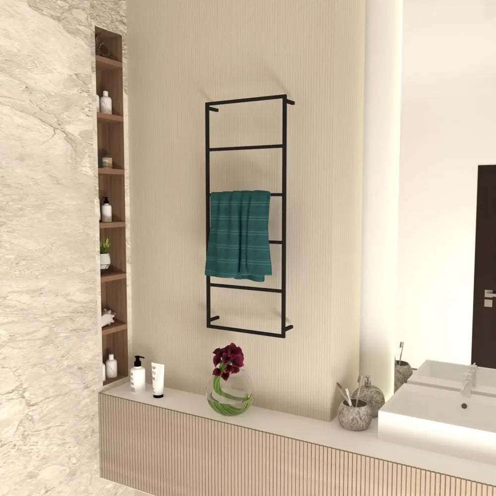Wall-mounted 6-tier towel holder with a minimalist black metal frame, holding a folded teal towel, situated in a modern bathroom with beige walls and a marble accent.