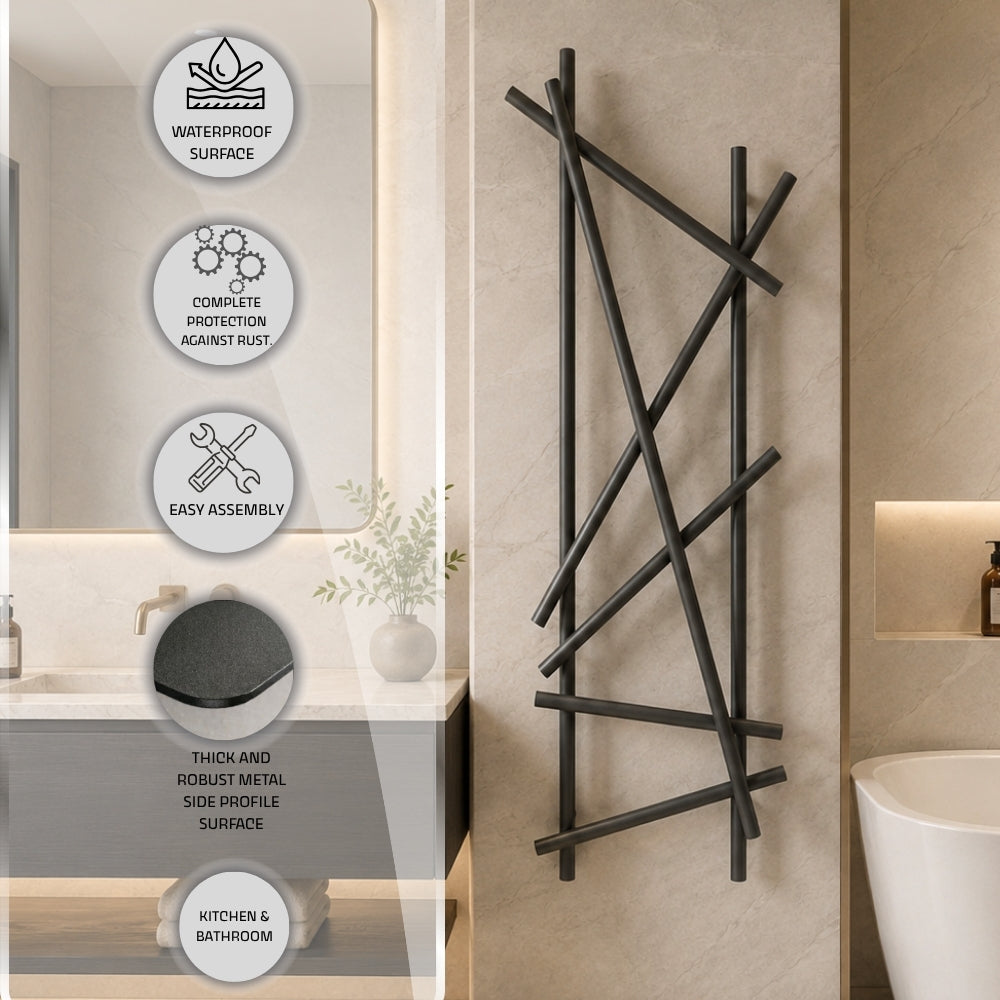Wall mounted branch towel rack feature image with waterproof surface, rust protection, easy assembly, thick metal side profile, and kitchen and bathroom use callouts.