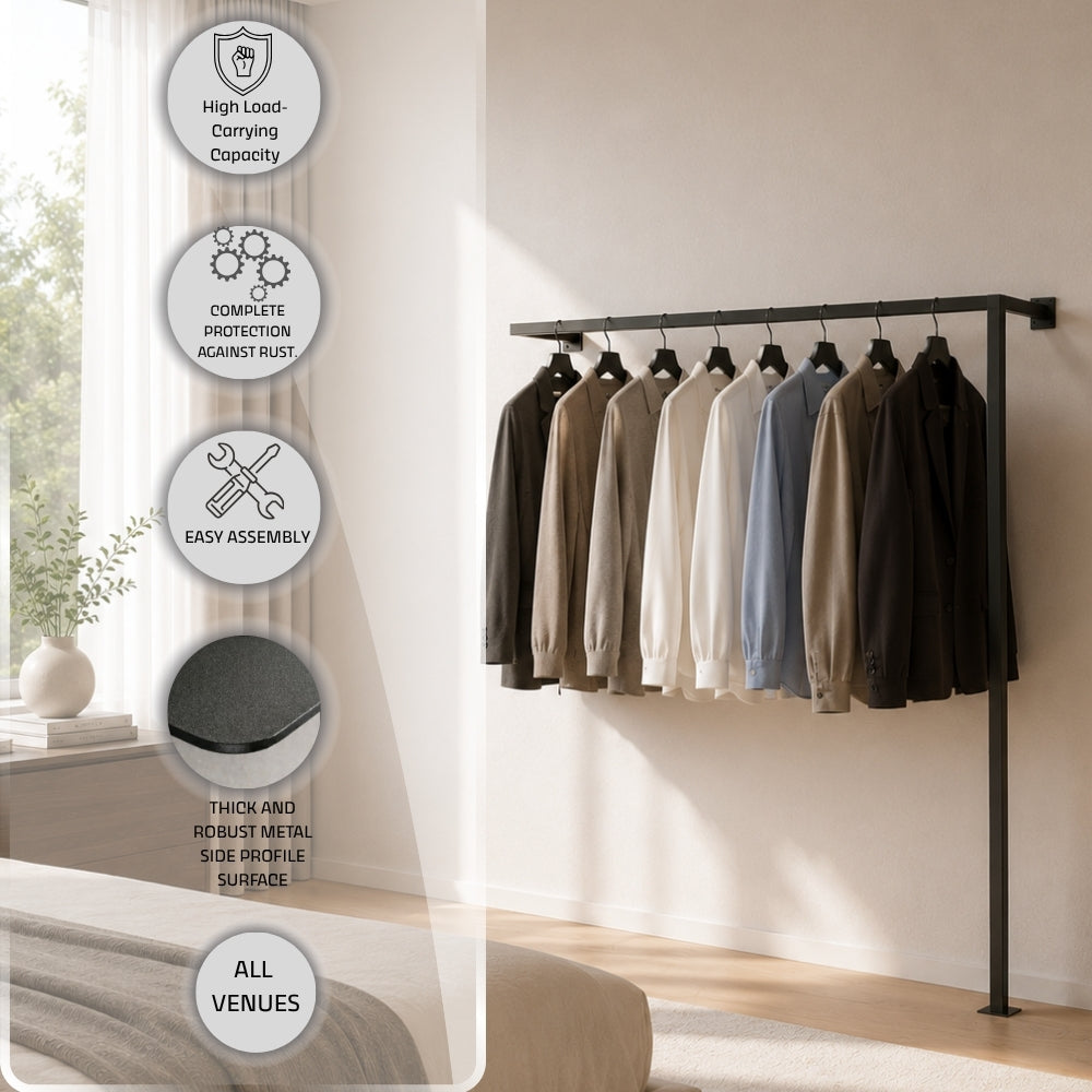 Wall mounted clothing rack feature image with high load carrying capacity, rust protection, easy assembly, thick metal side profile, and all venues use callouts.