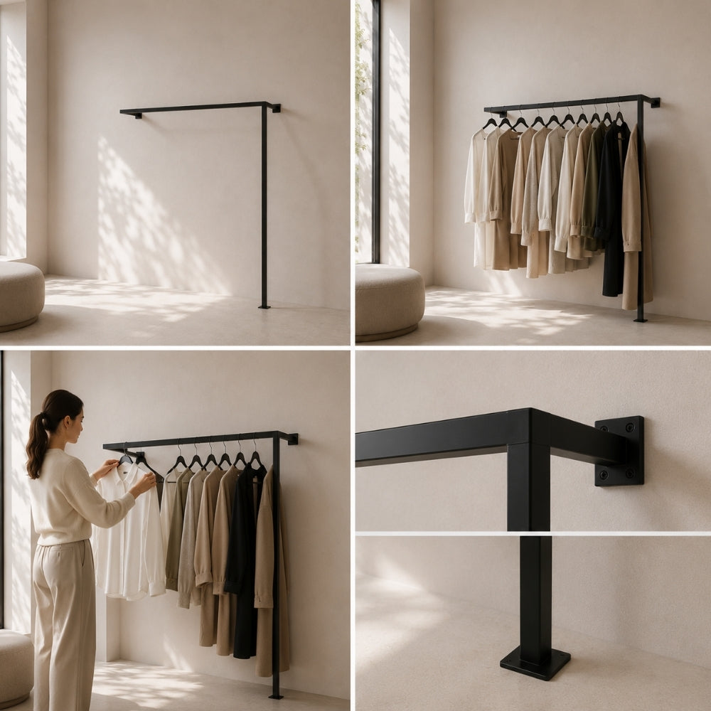 Detail collage for black wall mounted clothing rack showing garment rail, floor support, wall brackets, and use with hanging clothes.