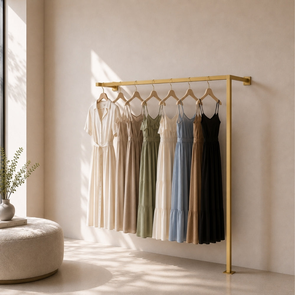 Gold wall mounted clothing rack holding dresses in a bright dressing room.