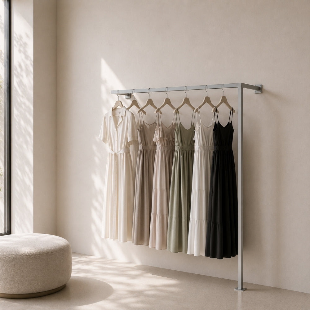 Satin nickel wall mounted clothing rack holding dresses in a bright dressing room.