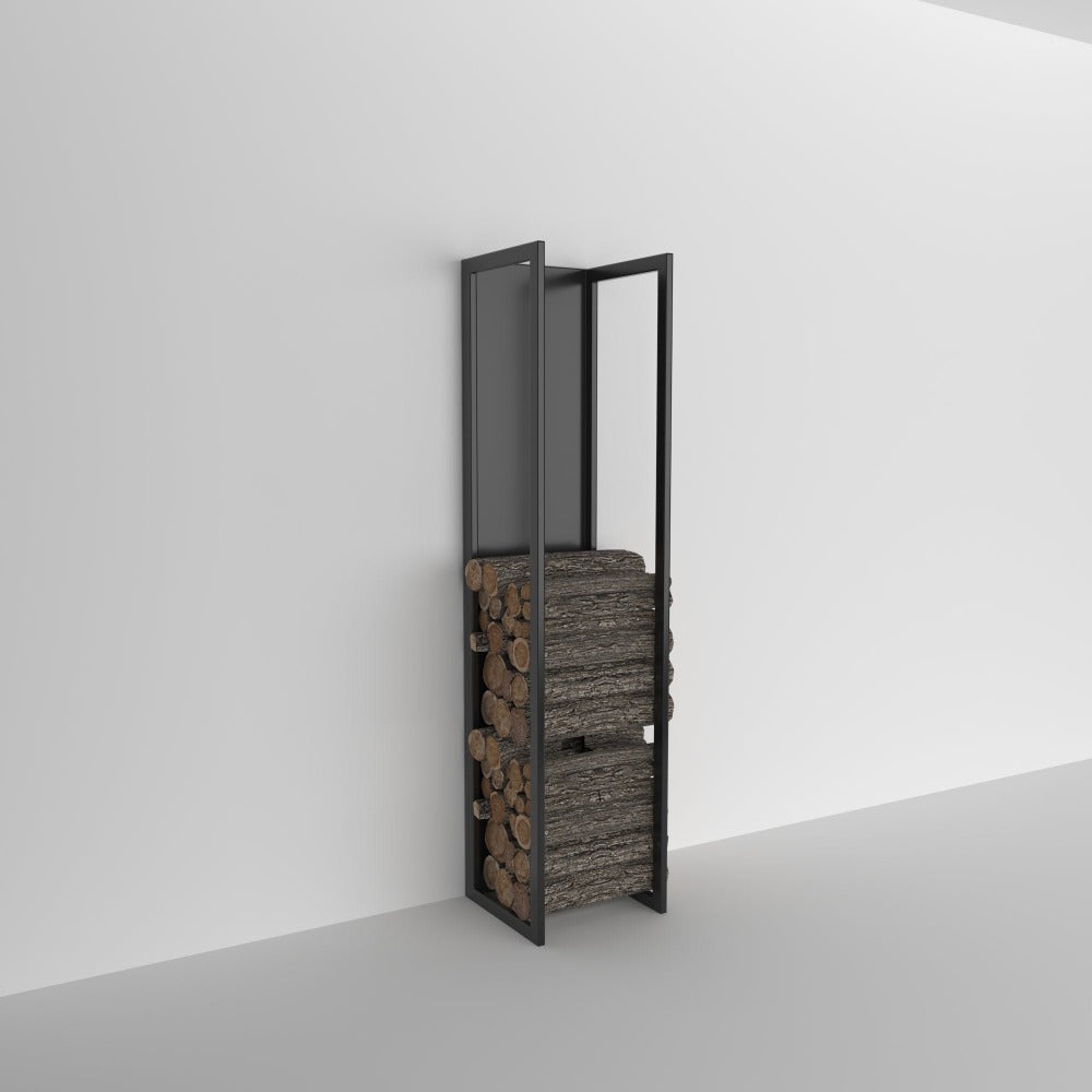 A sleek black wall-mounted firewood rack filled with neatly stacked logs, set against a plain white wall. The minimalist design highlights the rack's functional and modern aesthetic.