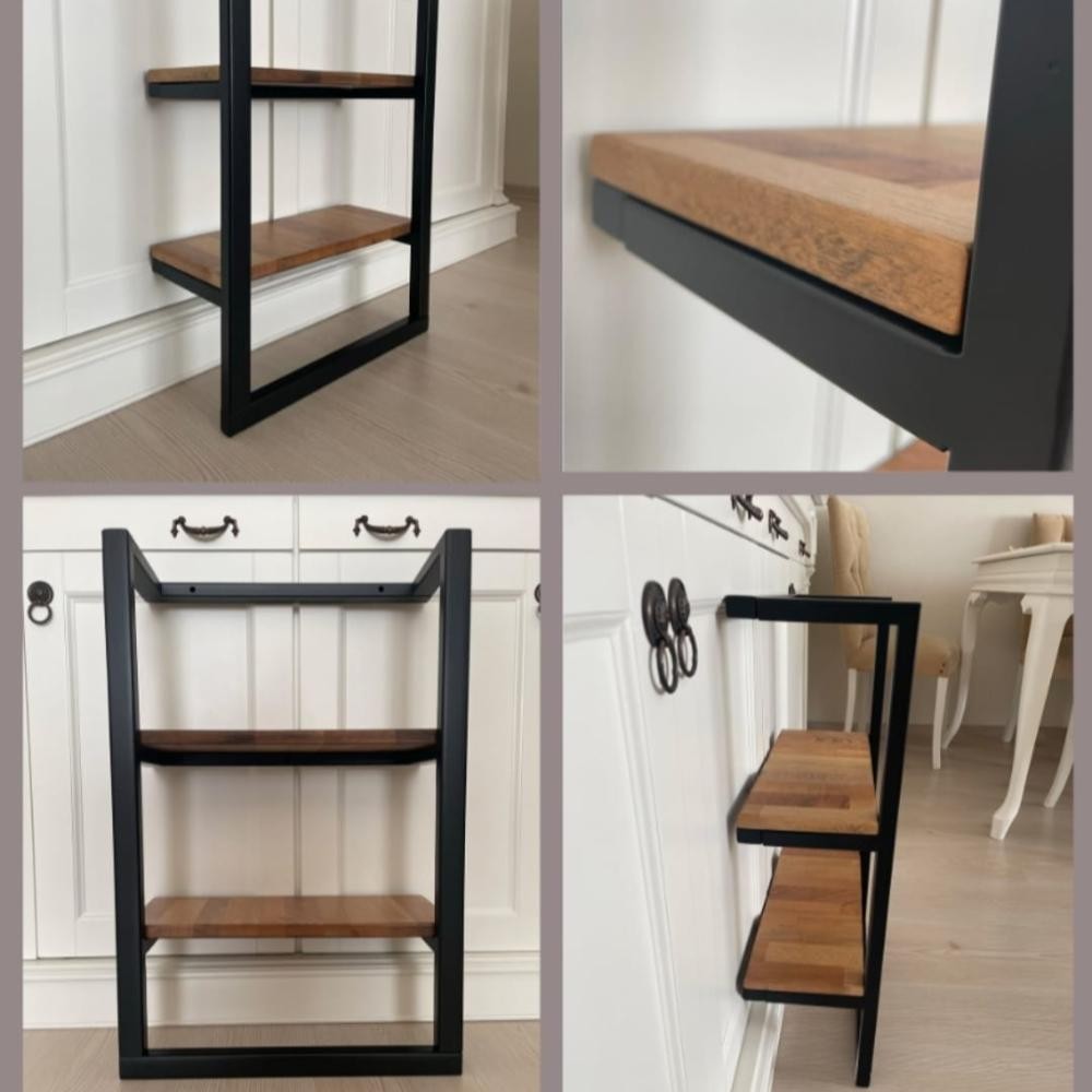 Four views of a compact black wall-mounted shelf with two wooden tiers. The images focus on the design, wood texture, and mounting placement