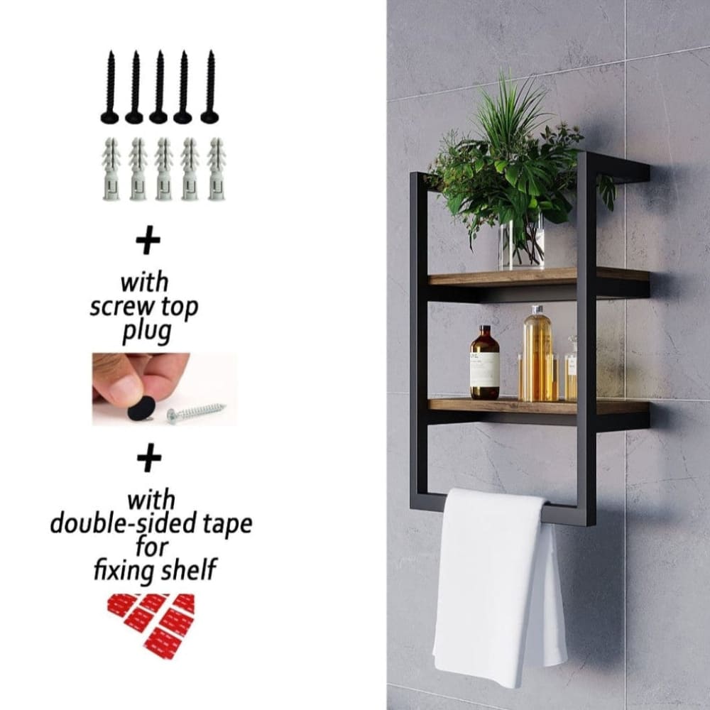 A black wall-mounted shelf with wooden tiers, shown with accessories like screws, plugs, and double-sided tape for mounting. The shelf features a white towel hanging below.