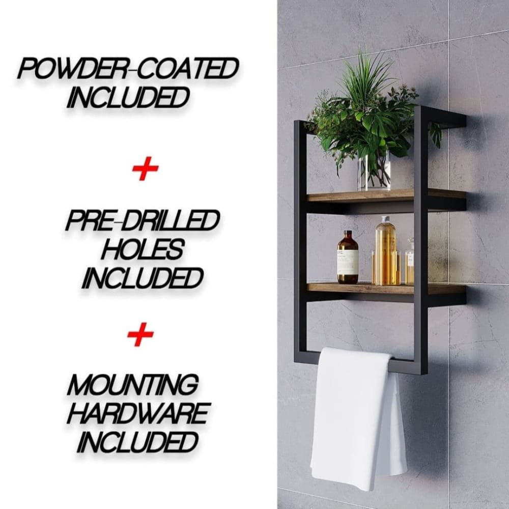 A black wall-mounted shelf with wooden tiers, styled with a plant and glass bottles. The text on the left highlights features like powder coating, pre-drilled holes, and mounting hardware included.