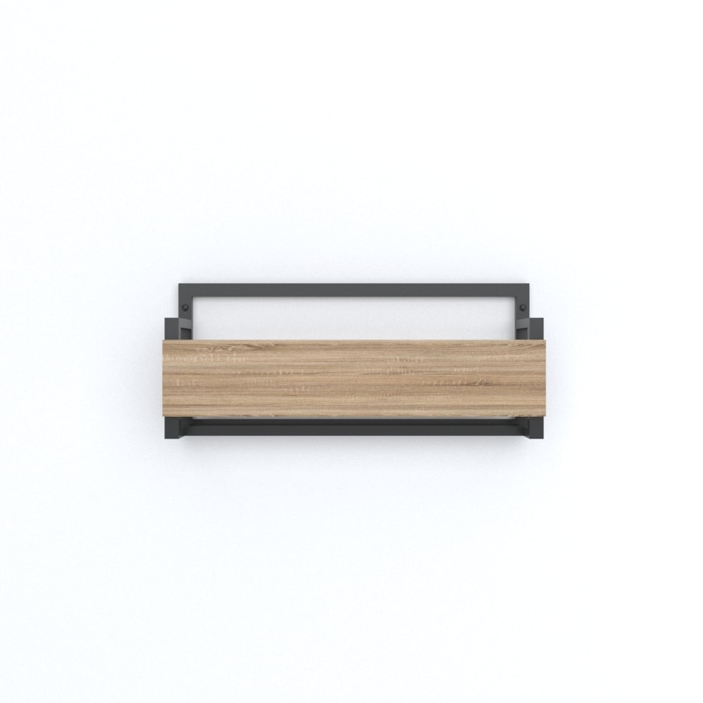 A minimalistic wall-mounted slipper rack featuring a black metal frame and a wooden front panel, captured in a straight-on view without slippers