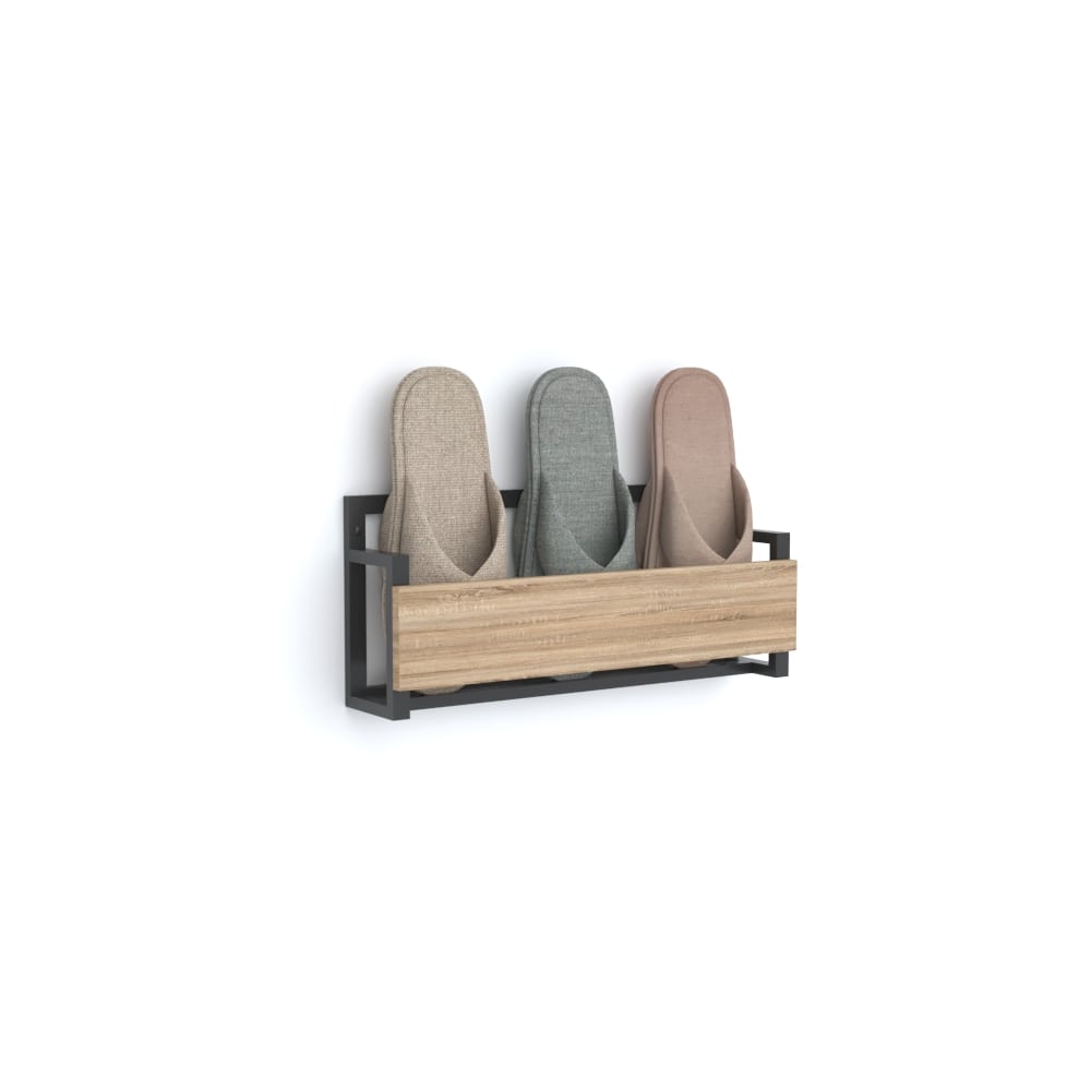 A stylish wall-mounted slipper rack with a black metal frame and a wooden front panel, neatly holding three pairs of slippers in beige, gray, and pink.