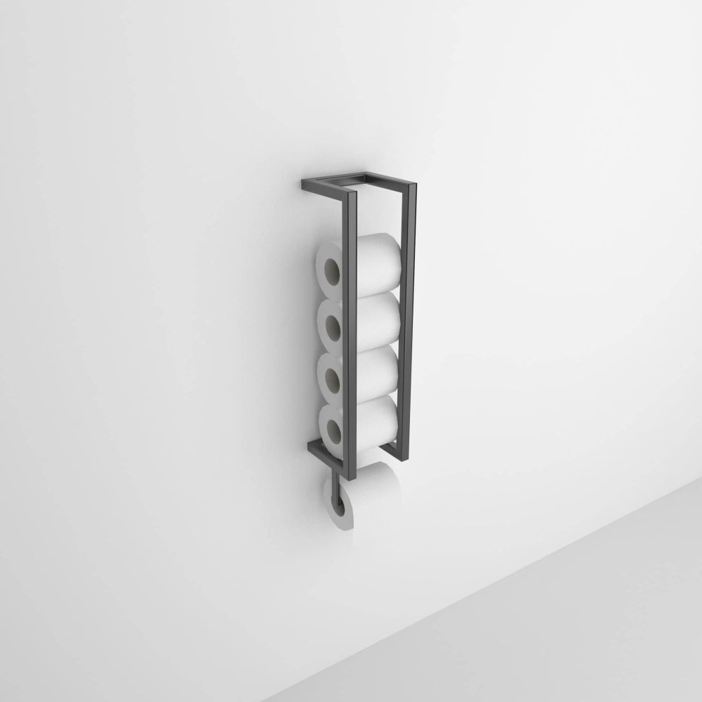 A black wall-mounted toilet paper holder displayed against a plain white wall, neatly storing several rolls in a compact vertical design.