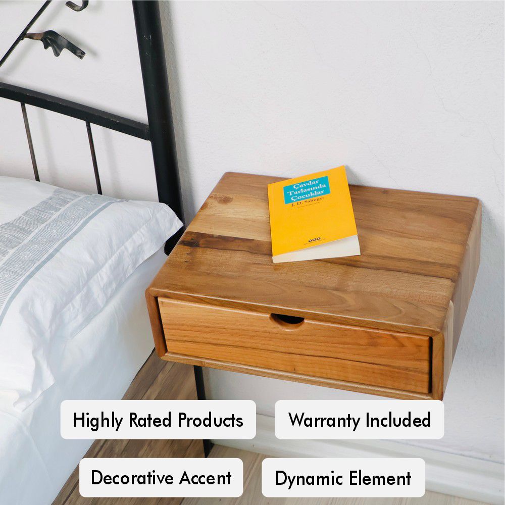 A walnut wall-mounted wooden bedside table with a sleek design, featuring a drawer for storage and a flat top holding a yellow book. The table is mounted beside a bed with white bedding, and text overlays highlight features such as "highly rated products," "warranty included," "decorative accent," and "dynamic element."