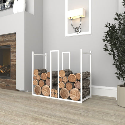 White Minimalist Metal Log With Kindling Holder with a contemporary design, placed next to a modern fireplace with wooden logs