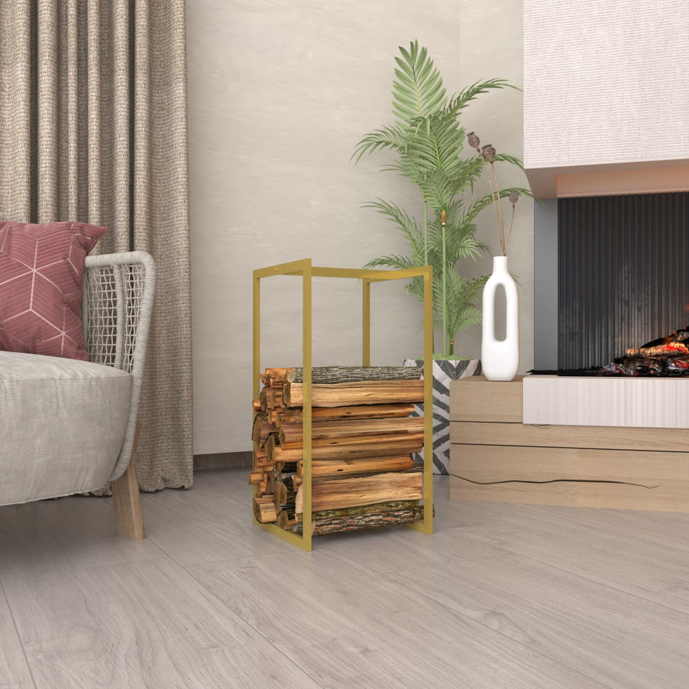 A small white metal firewood rack filled with stacked logs, set in a cozy living room near a contemporary fireplace. The space includes a woven chair with decorative pillows, a potted plant, and light flooring for a serene ambiance.
