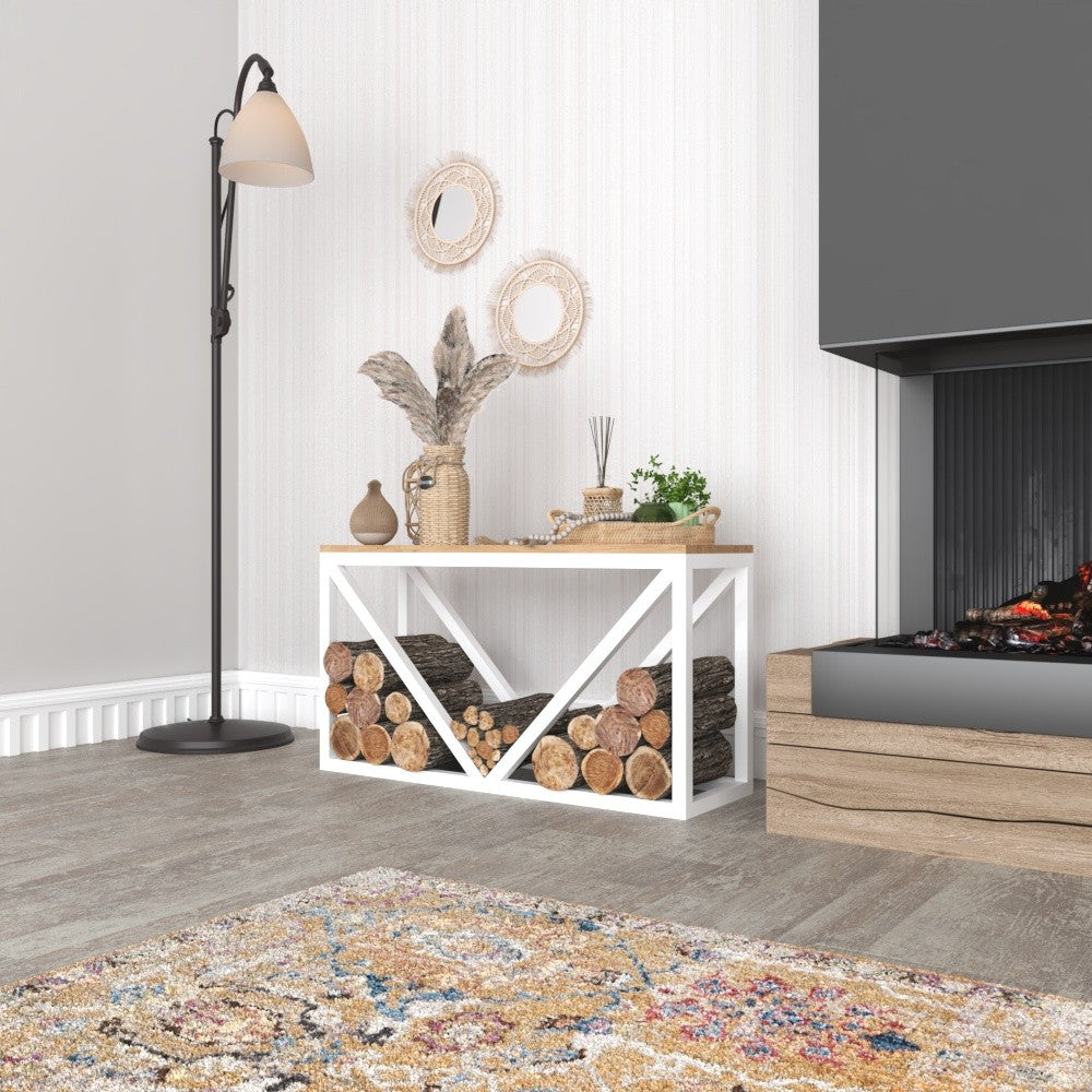 A stylish white metal log holder with a wooden bench placed next to a modern fireplace. Logs are neatly stacked under the bench, and decorative accents complement the soft, neutral-toned room