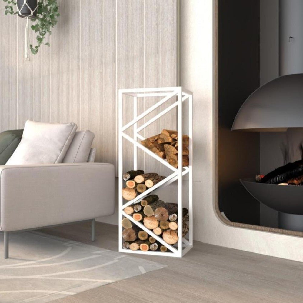 A white geometric metal log rack filled with firewood, placed beside a sofa near a fireplace, adding a clean and modern touch to the room.