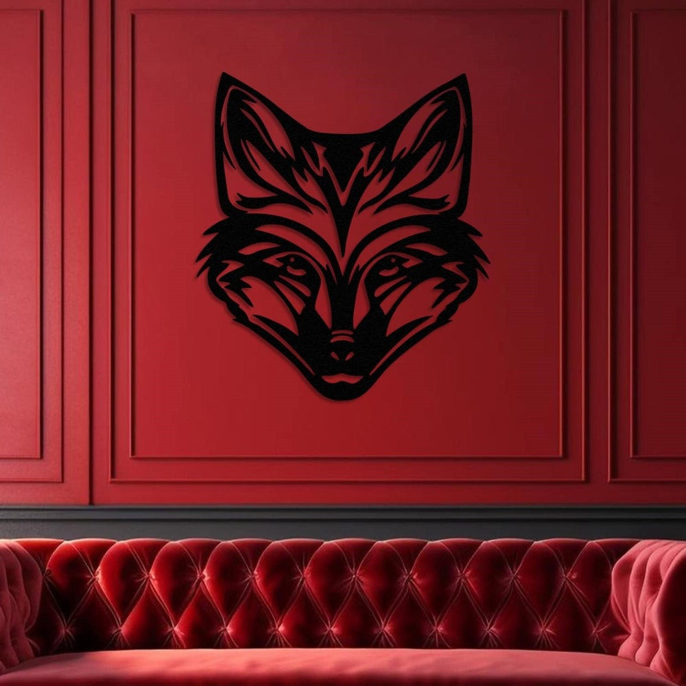 black metal wild fox wall art displayed on a bold red paneled wall, above a luxurious tufted red velvet sofa, creating a striking and dramatic interior design.