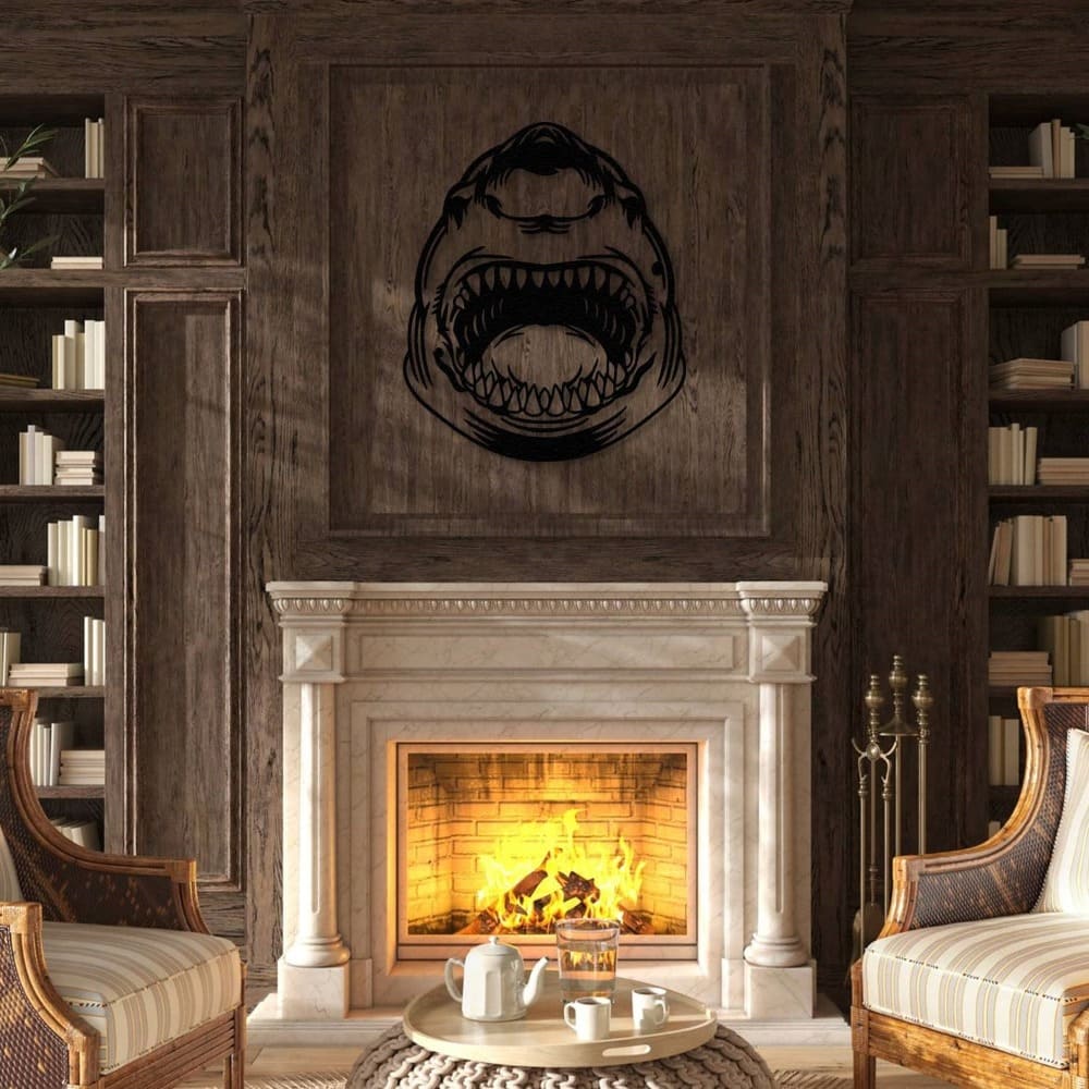 Wild shark metal wall decor mounted above a fireplace in a rustic living room with wooden panels and bookshelves.
