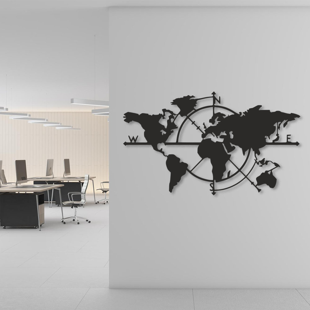 Black world map wall decoration in an office setting